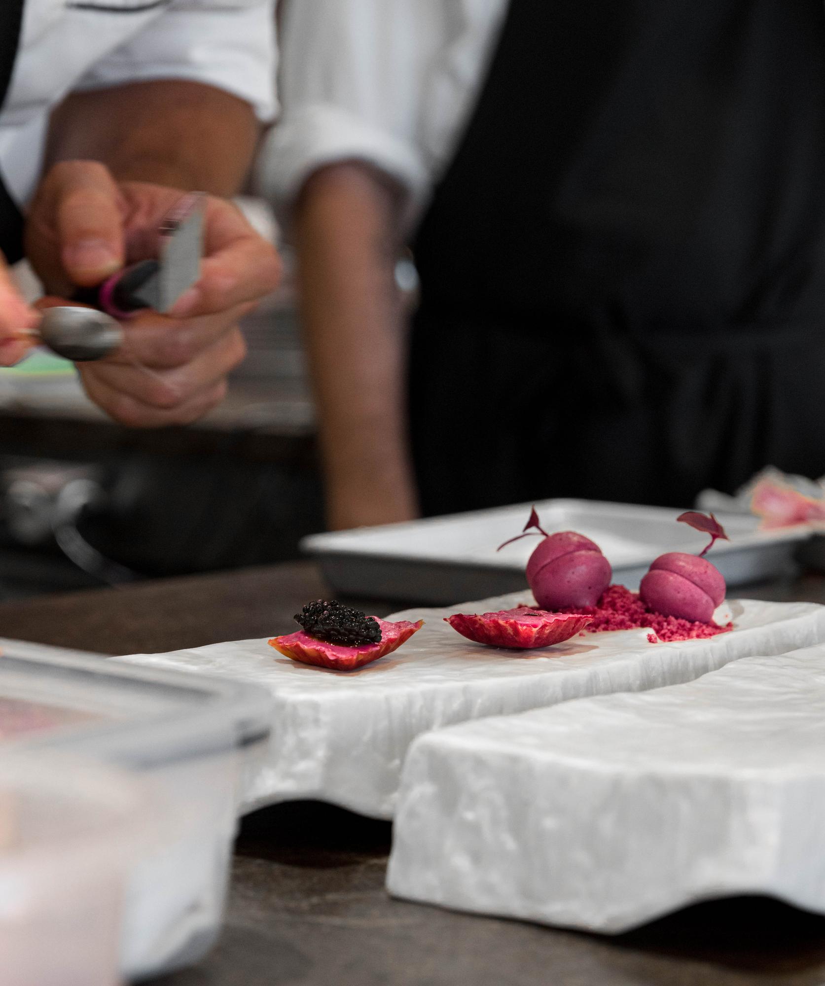 Workshop chef demonstrating plating technique